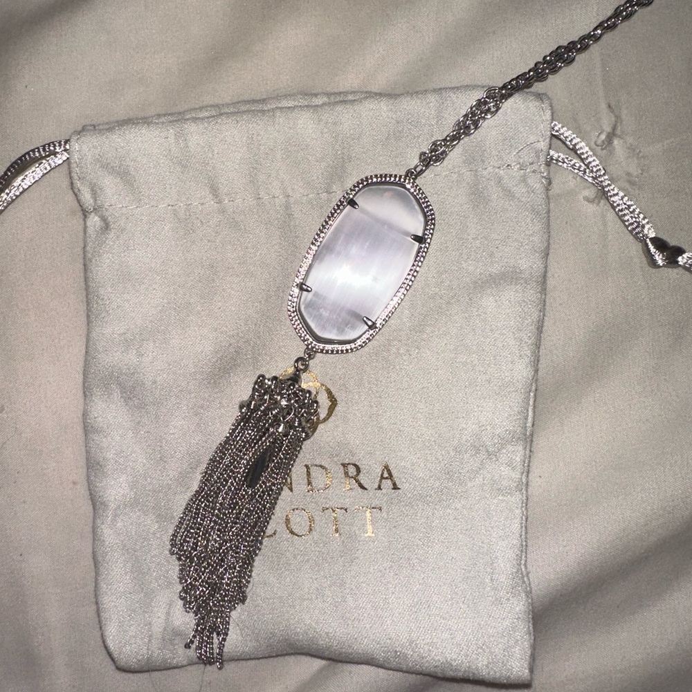 Kendra Scott Rayne Tassel Pendant Necklace with silver and slate cats eye